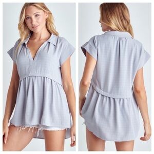 HEYSON Women's Grey Window Pane Plaid V Neck Woven Babydoll Blouse Size Large